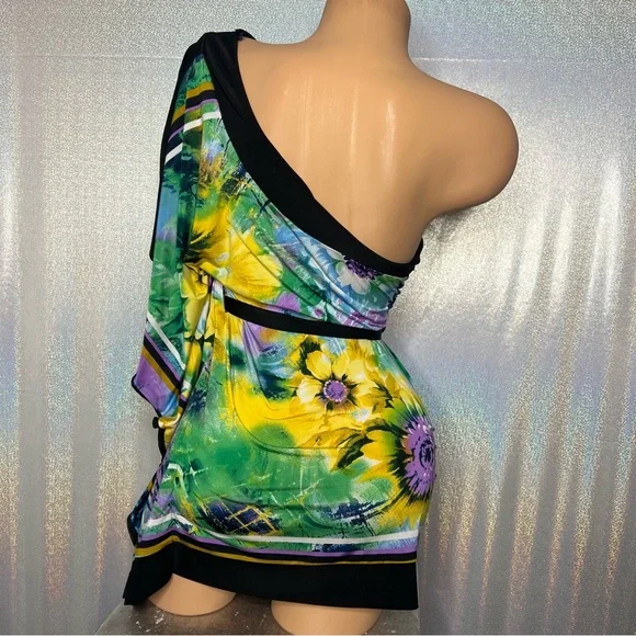 Entry blouse tie at waist one shoulder bay wing belted open shoulder floral top - Picture 11 of 13